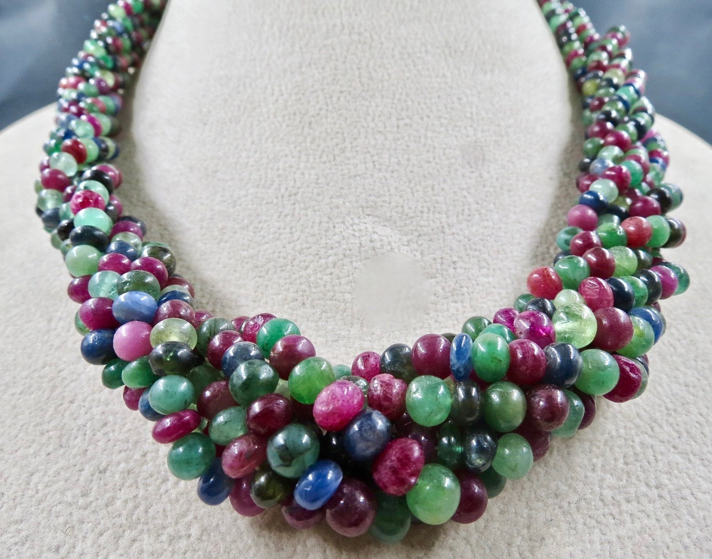 Certified Natural Emerald Ruby Sapphire Beaded Necklace 631 Ct Sterling Silver