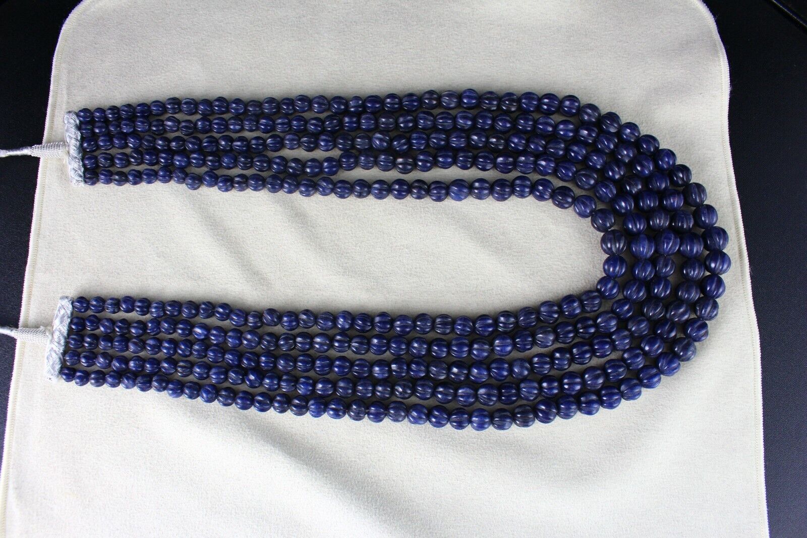 NATURAL BLUE JADE BEADS CARVED ROUND GEMSTONE 5 LINE 1217 CTS FASHION NECKLACE