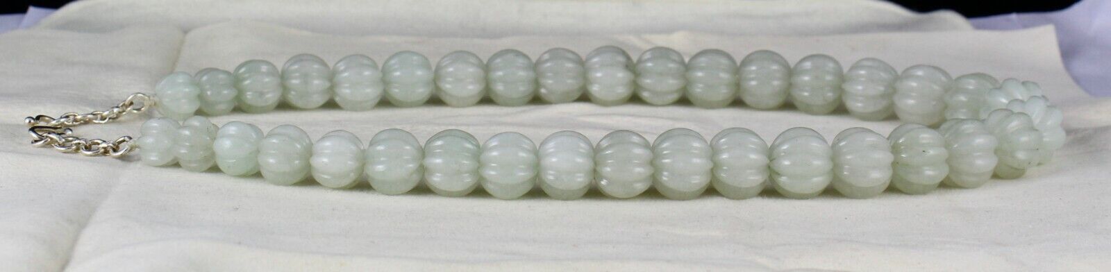 NATURAL INDIAN JADE MELON CARVED BEADS 1 L 828 CARATS GEMSTONE SILVER NECKLACE