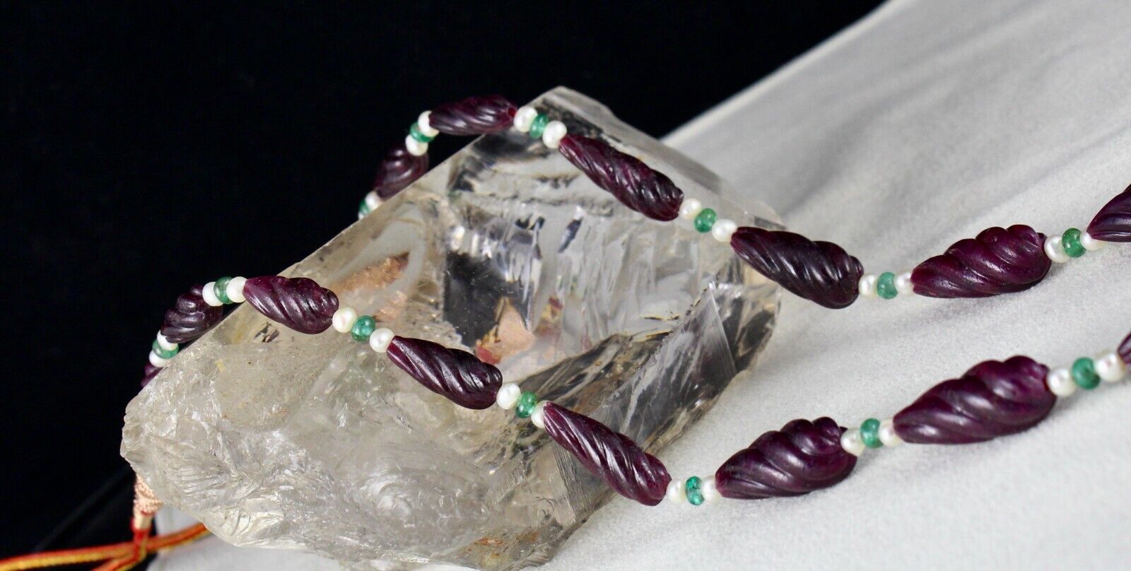 NATURAL RUBY BEADS CARVED TEAR DROPS 257 CTS EMERALD PEARL GEMSTONE NECKLACE