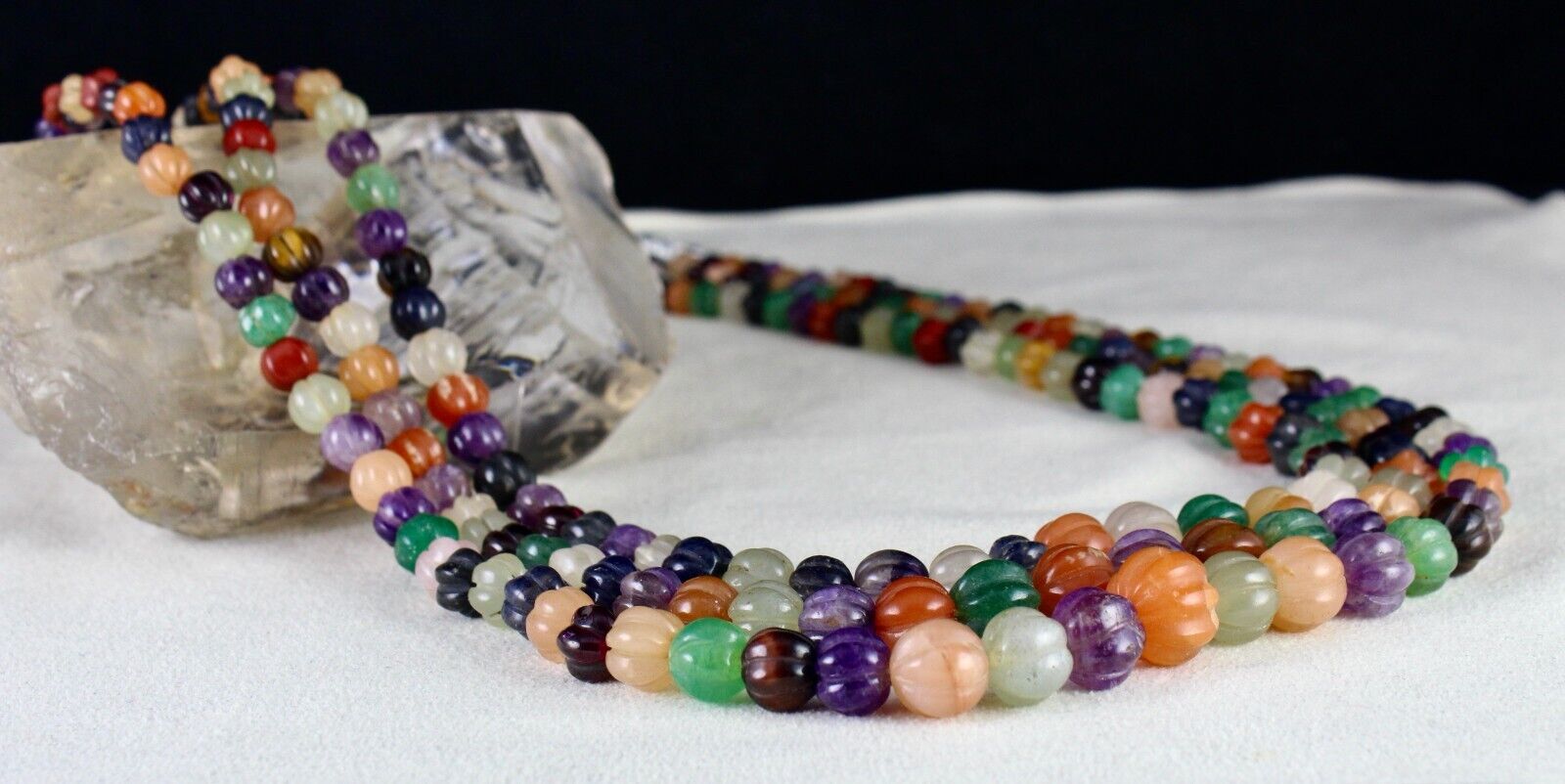 OLD MULTI NATURAL SEMI PRECIOUS CARVED MELON BEADS 3 L 688 CT GEMSTONE NECKLACE