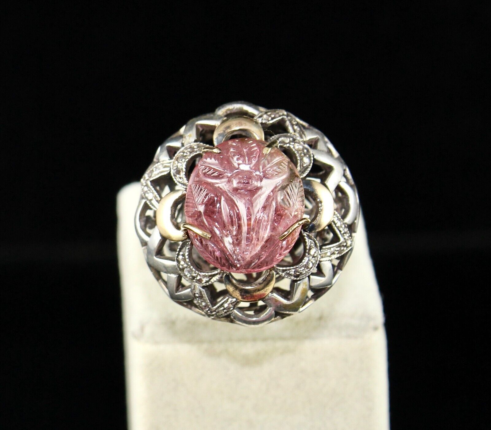 Antique Pink Tourmaline Carved Diamond 18k Gold Silver Cocktail Victorian Ring