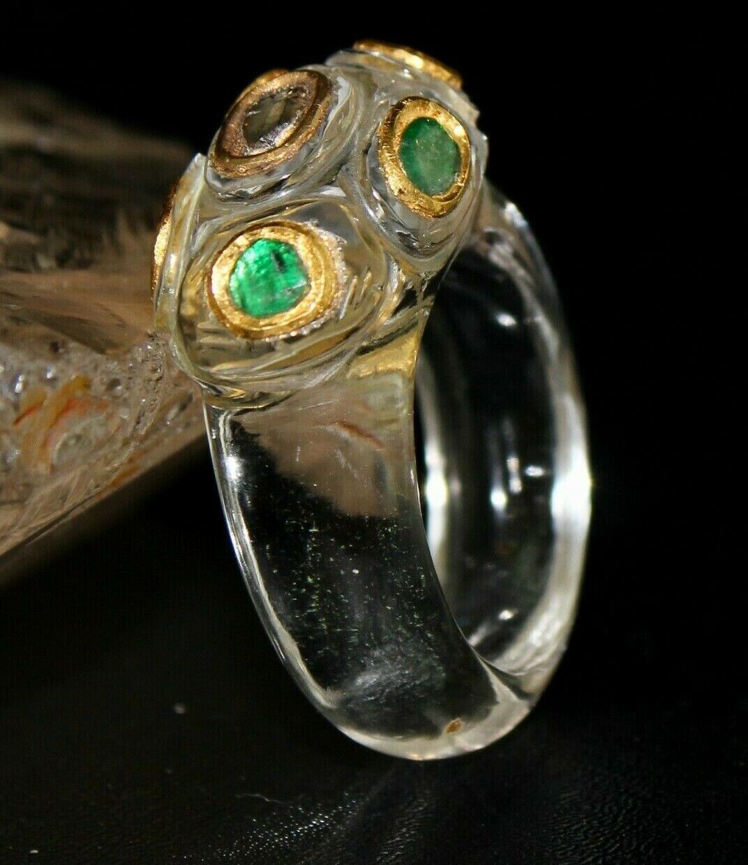 ANTIQUE NATURAL CRYSTAL QUARTZ DIAMOND EMERALD 22K GOLD ETHNIC FASHION RING