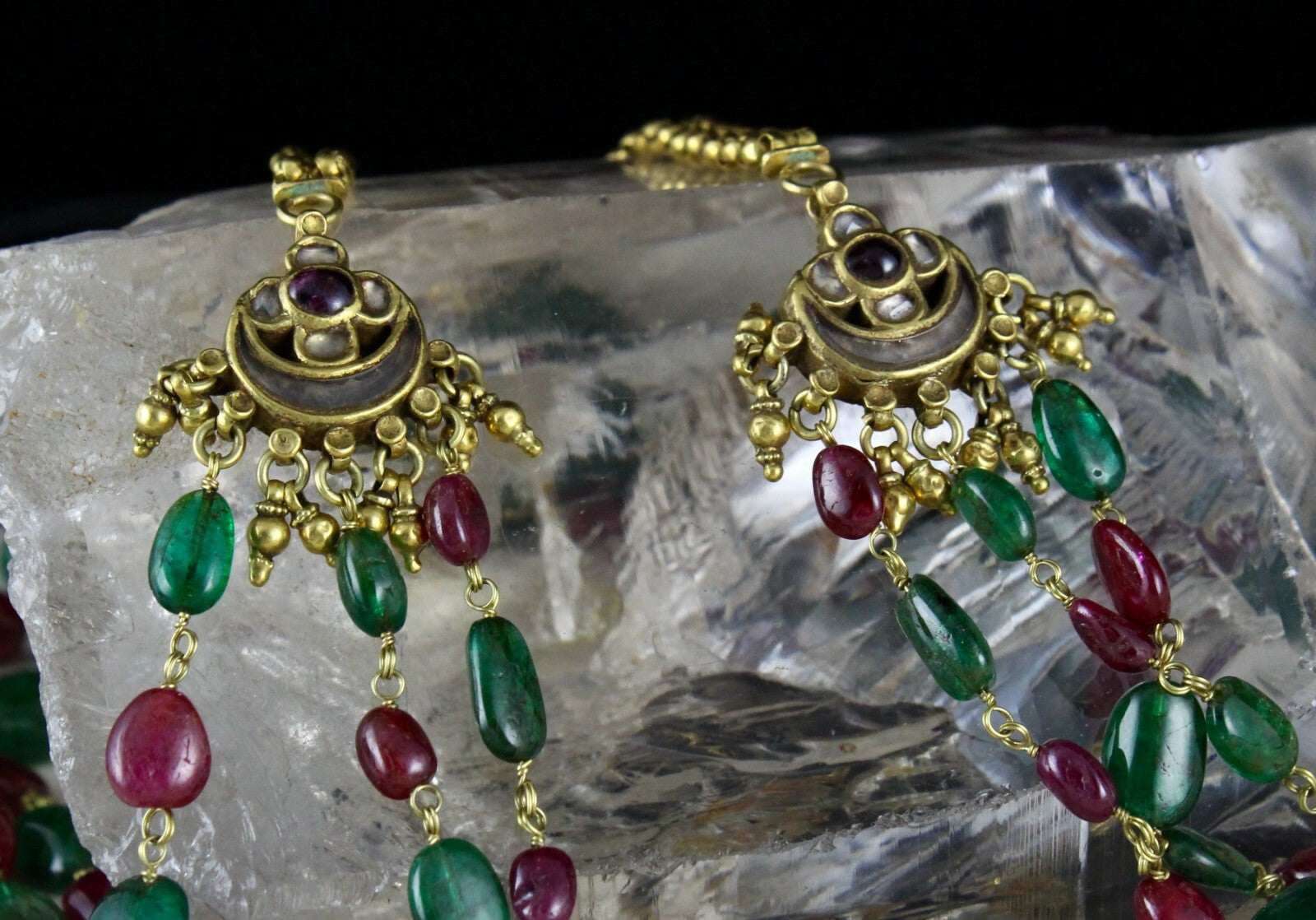 Certified Antique 18k Gold Natural Emerald Burma Ruby Beads Necklace 587 Ct