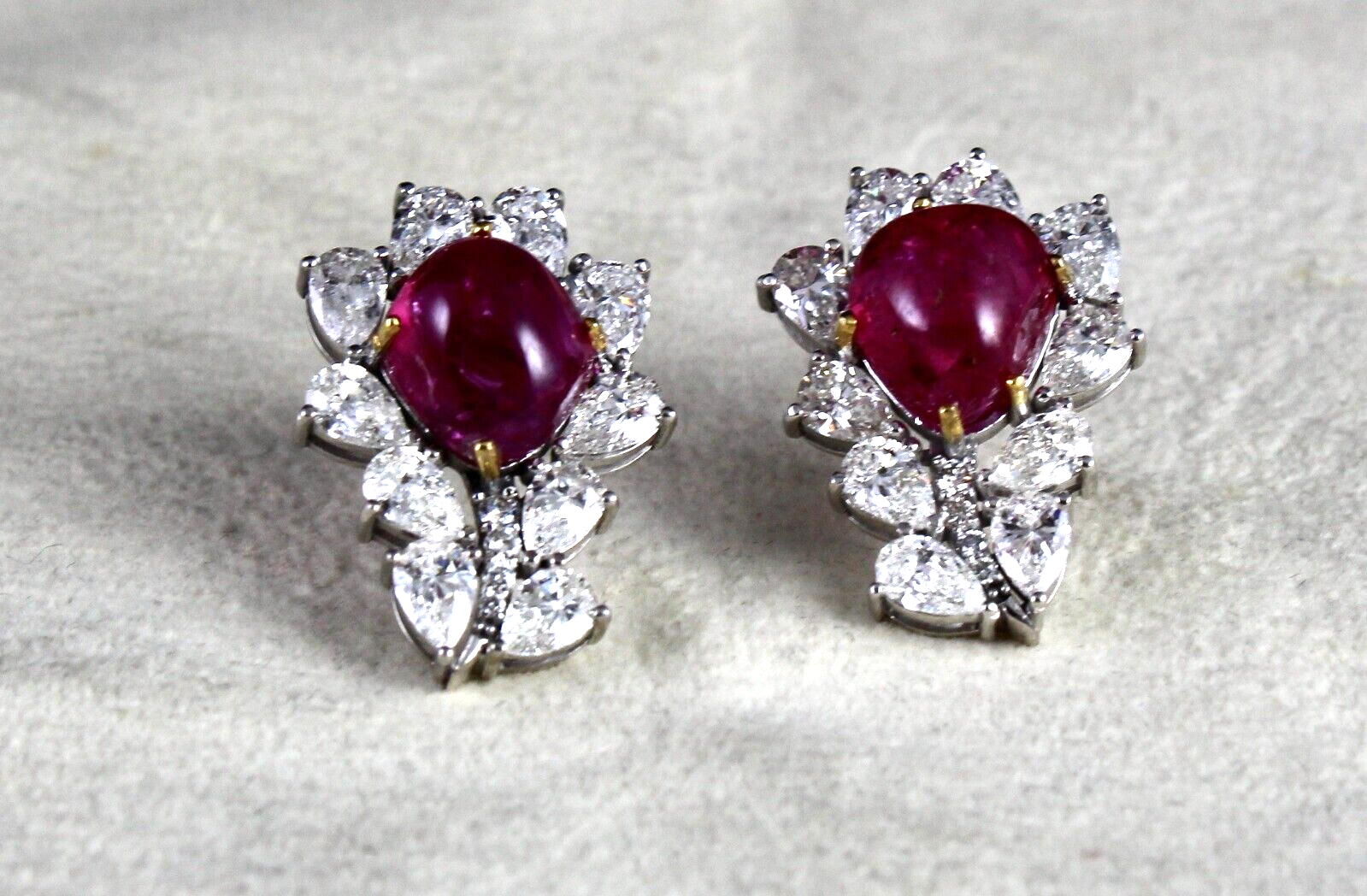 Certified Natural Burma Ruby Cabochon Pear Diamond 18K Gold Stud Earring