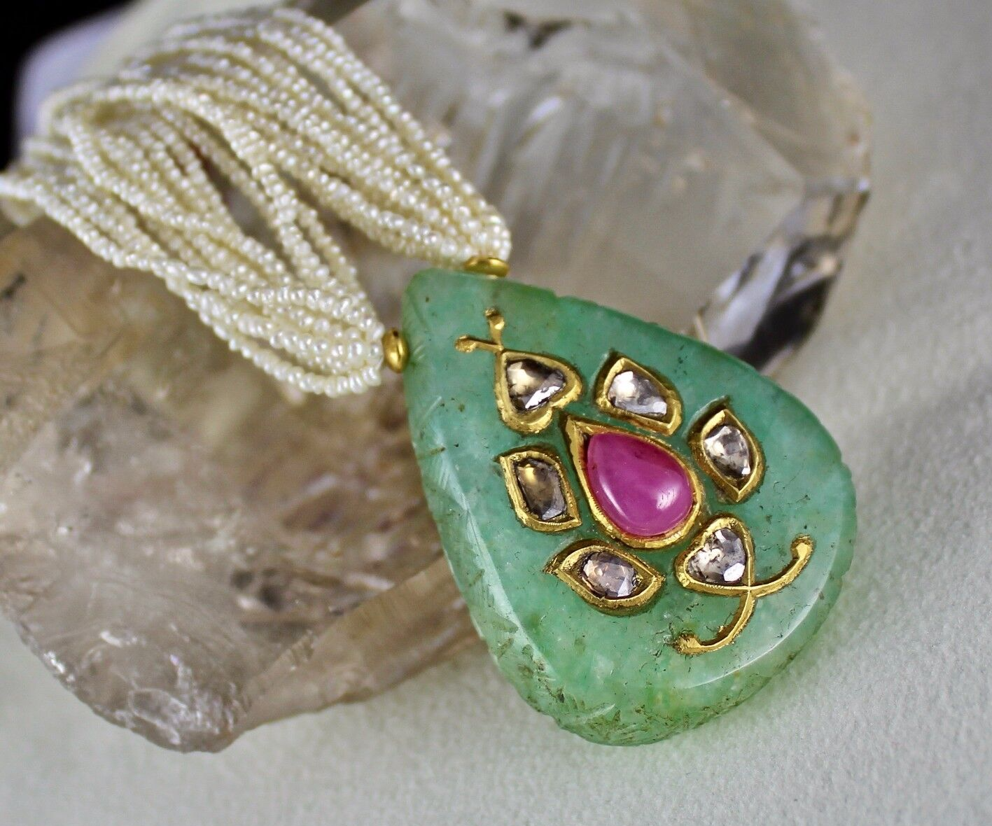 Certified Antique Natural Emerald 10ct Ruby Diamond Pearl 18k Gold Necklace