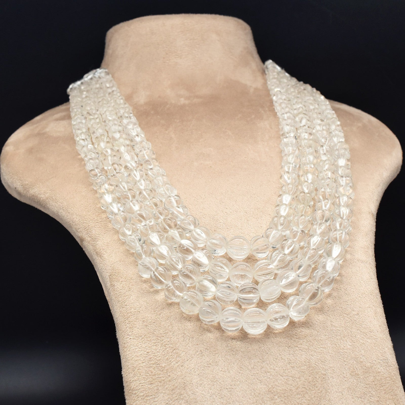 Natural Rock Crystal Quartz 1007 Ct Carved Melon Round Beads Necklace