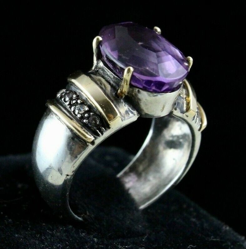 ANTIQUE NATURAL AMETHYST OVAL 18K GOLD DIAMOND SILVER VICTORIAN FINE UNISEX RING