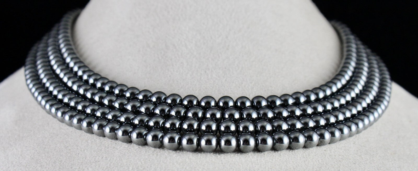 Hematite Beads Necklace 902 Ct, 4 Line 6mm Round Black Gemstone Fashion