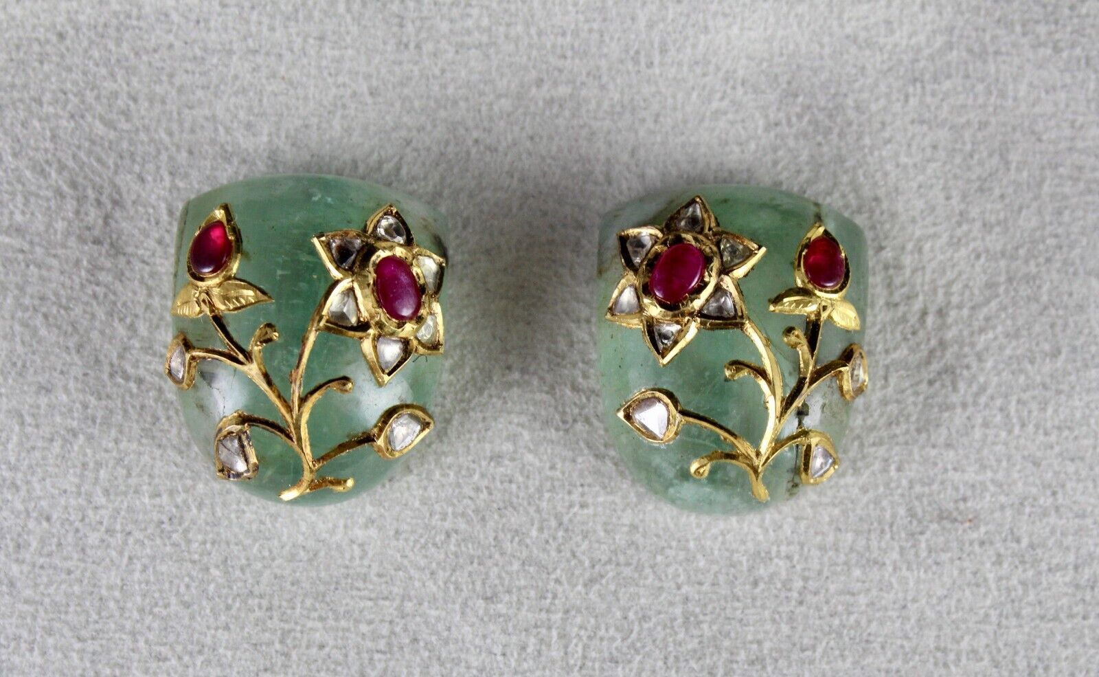 Old Natural Emerald Cabochon Gemstone Ruby Diamond 22k Gold Earring Design Stud