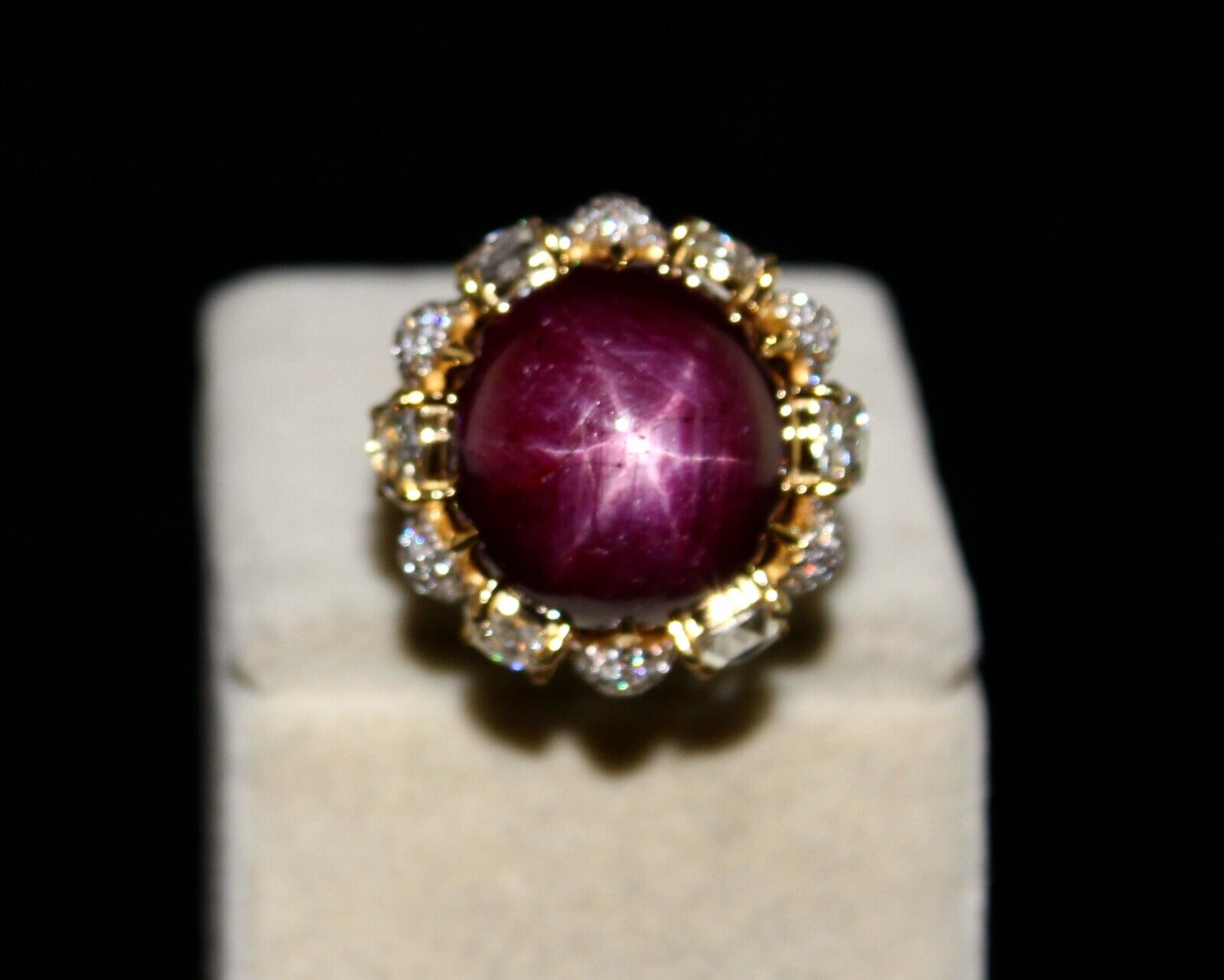 Certified Natural Ruby Star 36.57 Ct Cab Fancy Diamond 18K Gold Cocktail Ring