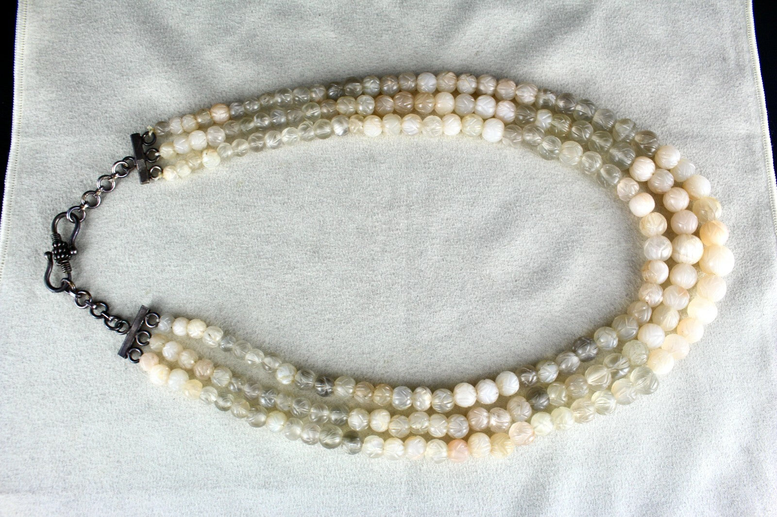 Natural Multi Moonstone 667ct Beads Carved 3 Line Gemstone Ladies Necklace