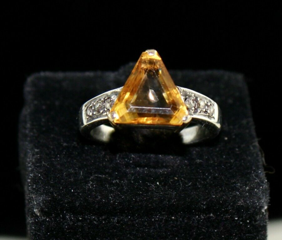 Vintage Natural Yellow Citrine 10ct Oval Natural Diamond 18k Gold Silver Ring
