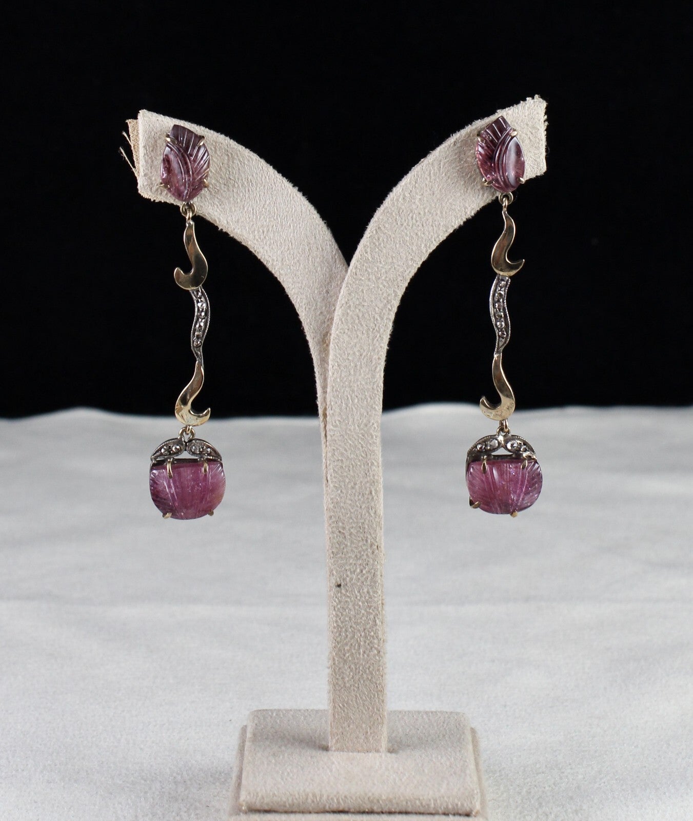 Vintage 10.00ct Natural Pink Tourmaline Carved Diamond 18k Gold Earrings