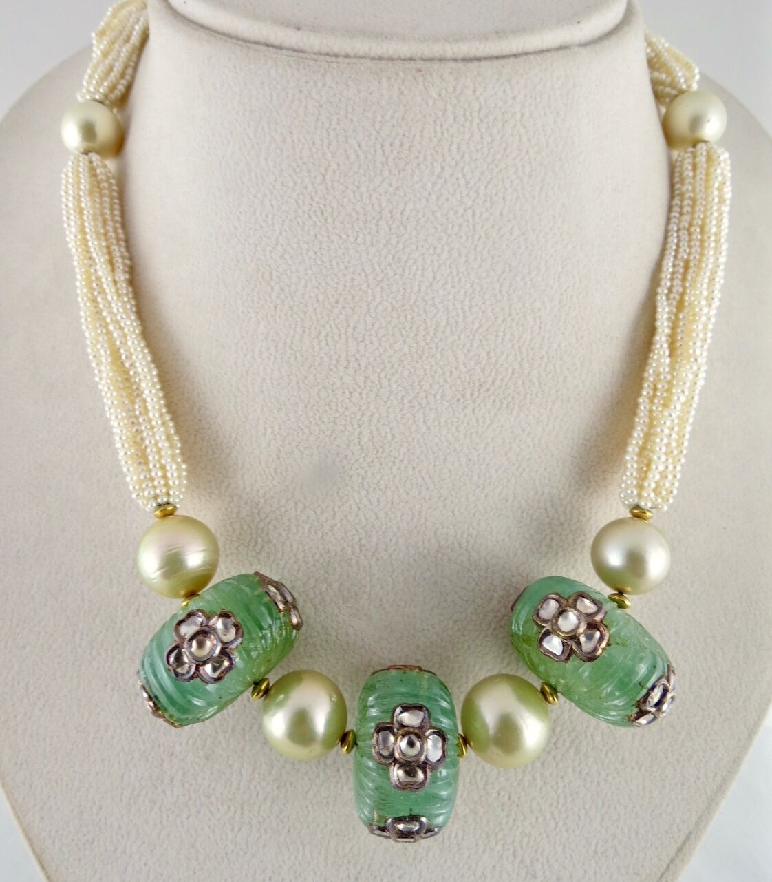 NATURAL COLOMBIAN EMERALD MELON DIAMOND JADAU PEARL BEADS 18K GOLD NECKLACE