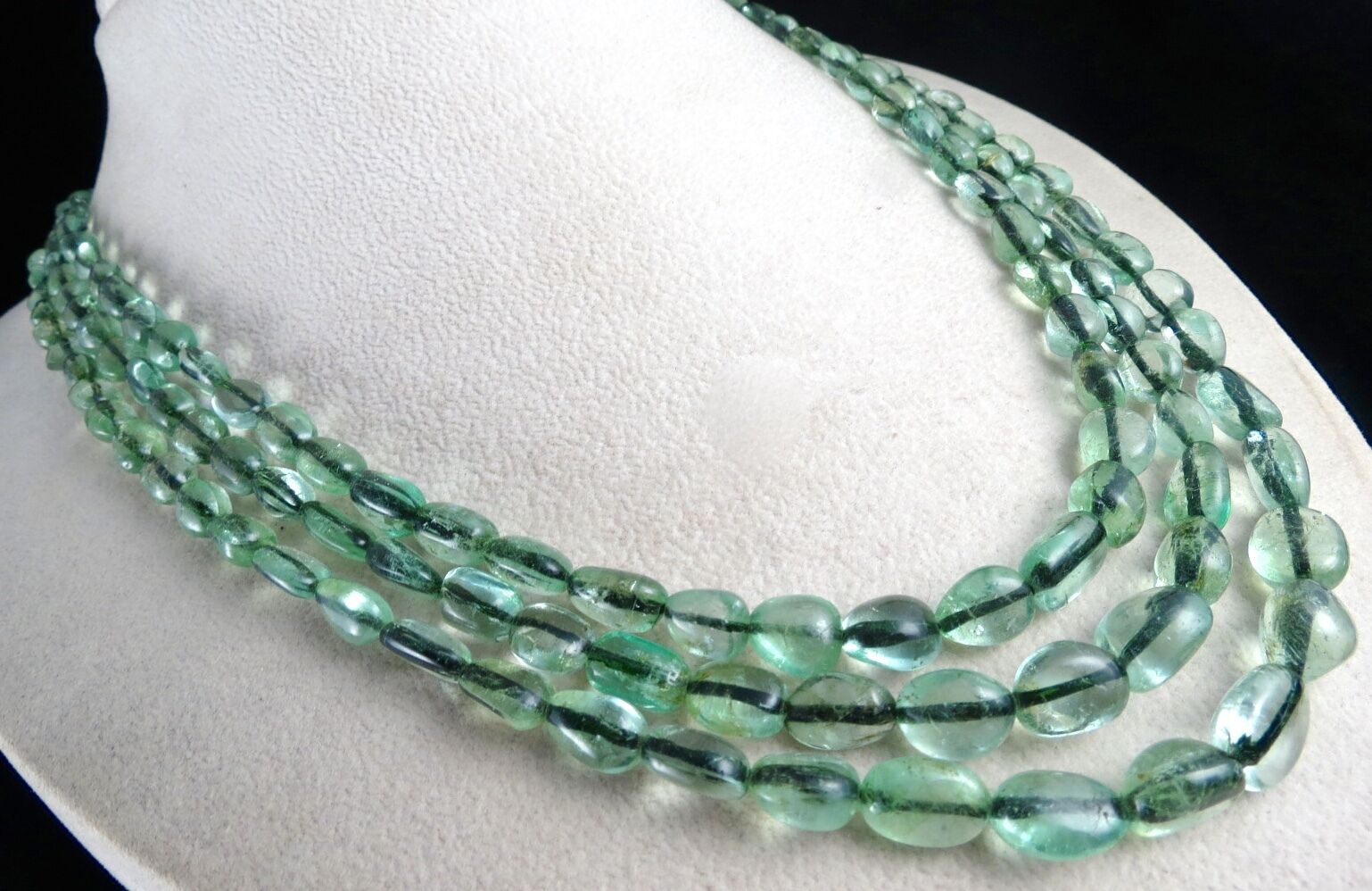 ANTIQUE NATURAL COLOMBIAN EMERALD BEADS CABOCHON 3 LINE 396 CTS STONE NECKLACE