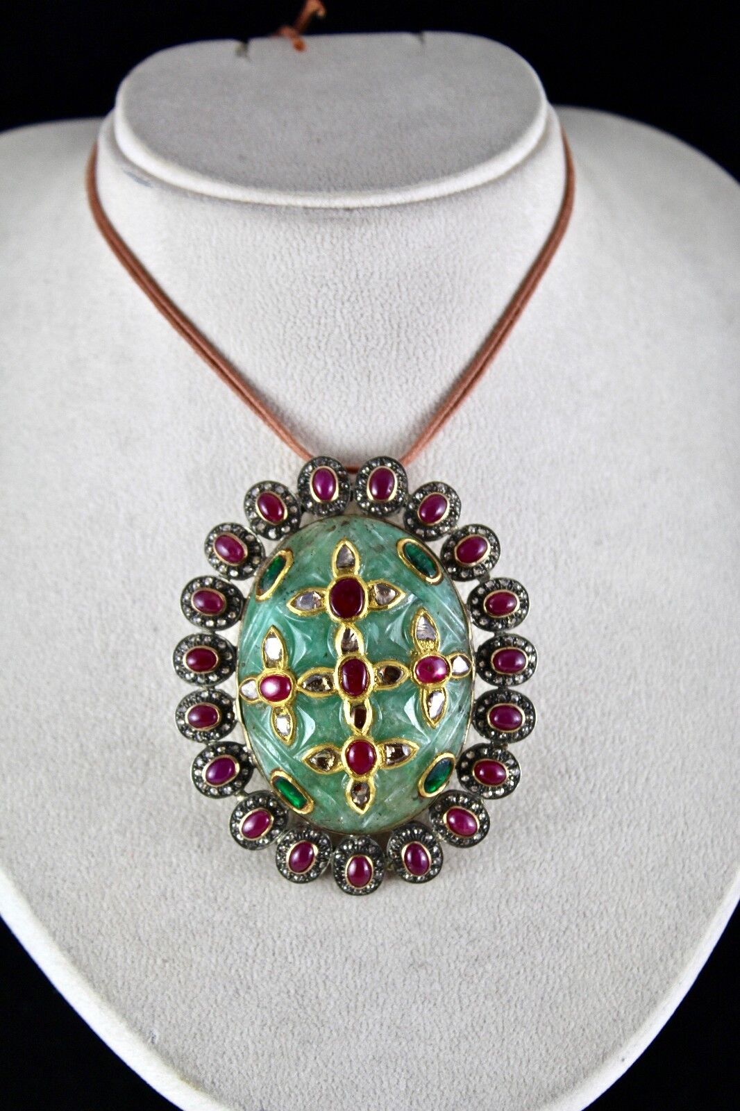 ANTIQUE NATURAL GREEN EMERALD QUARTZ RUBY DIAMOND 18K GOLD PENDANT IN 925 SILVER