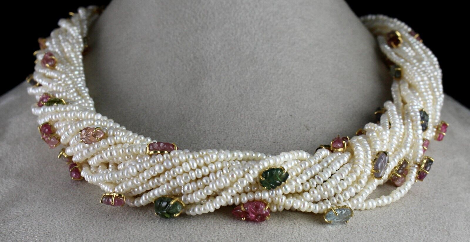 Unique Pearl Bead Natural Tourmaline Carved Leaf 972 Ct Silver Designer Necklace