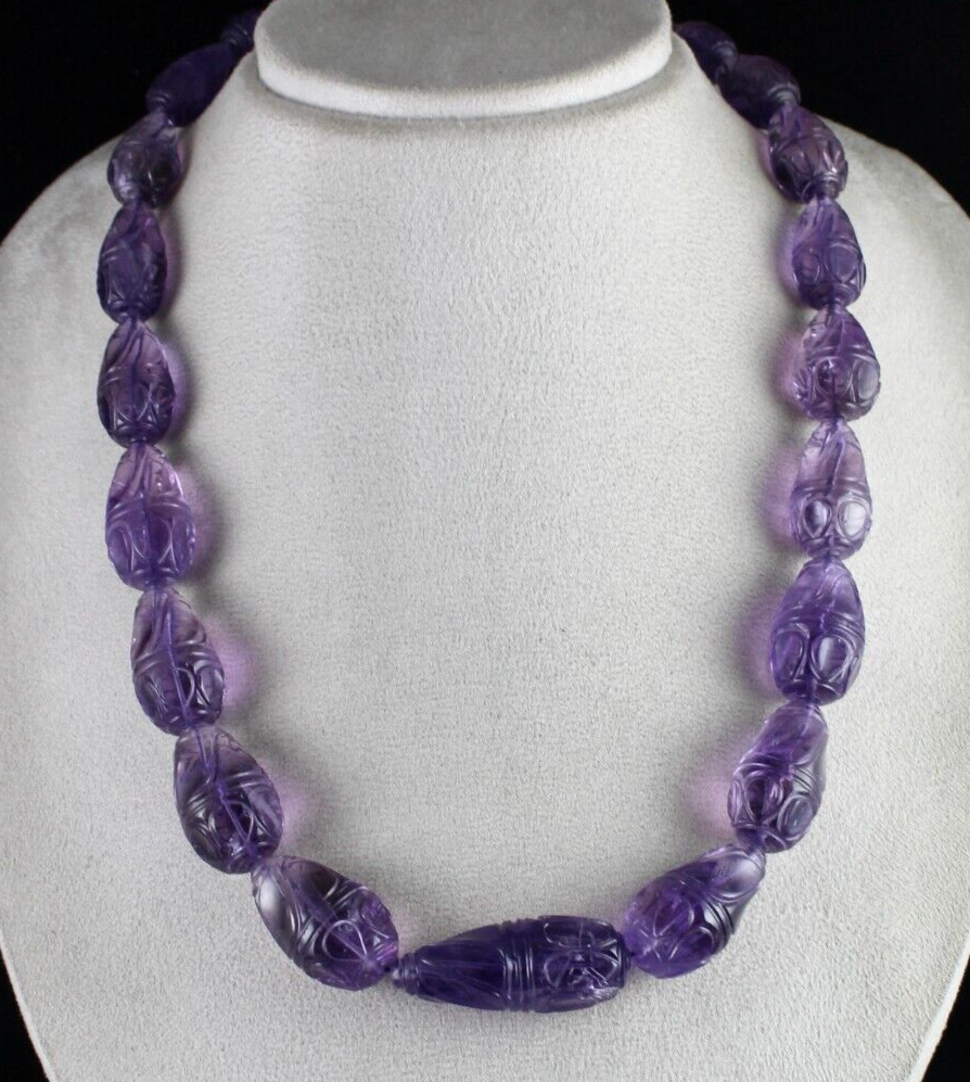 Vintage Natural Amethyst Beads Engraved Drop 965 Ct Purple Stone Silver Necklace