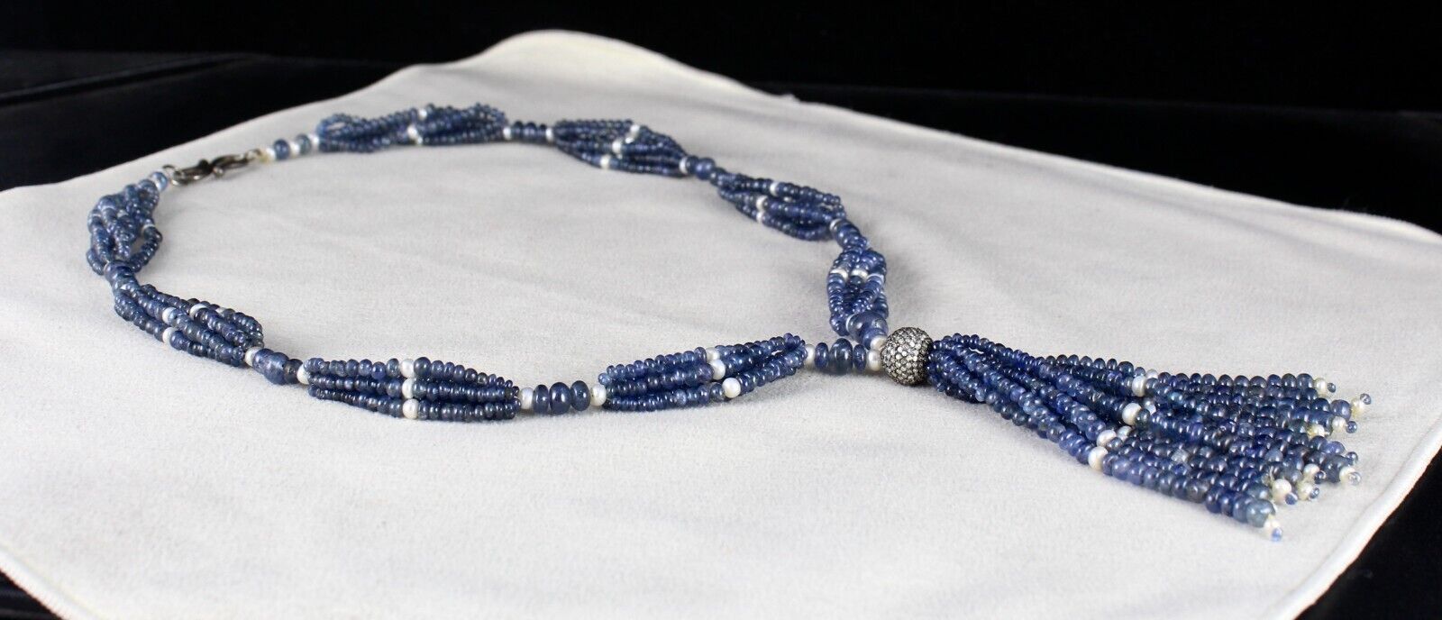 NATURAL BLUE SAPPHIRE PEARL ROUND BEADS DIAMOND 398 CTS SILVER DESIGNER NECKLACE