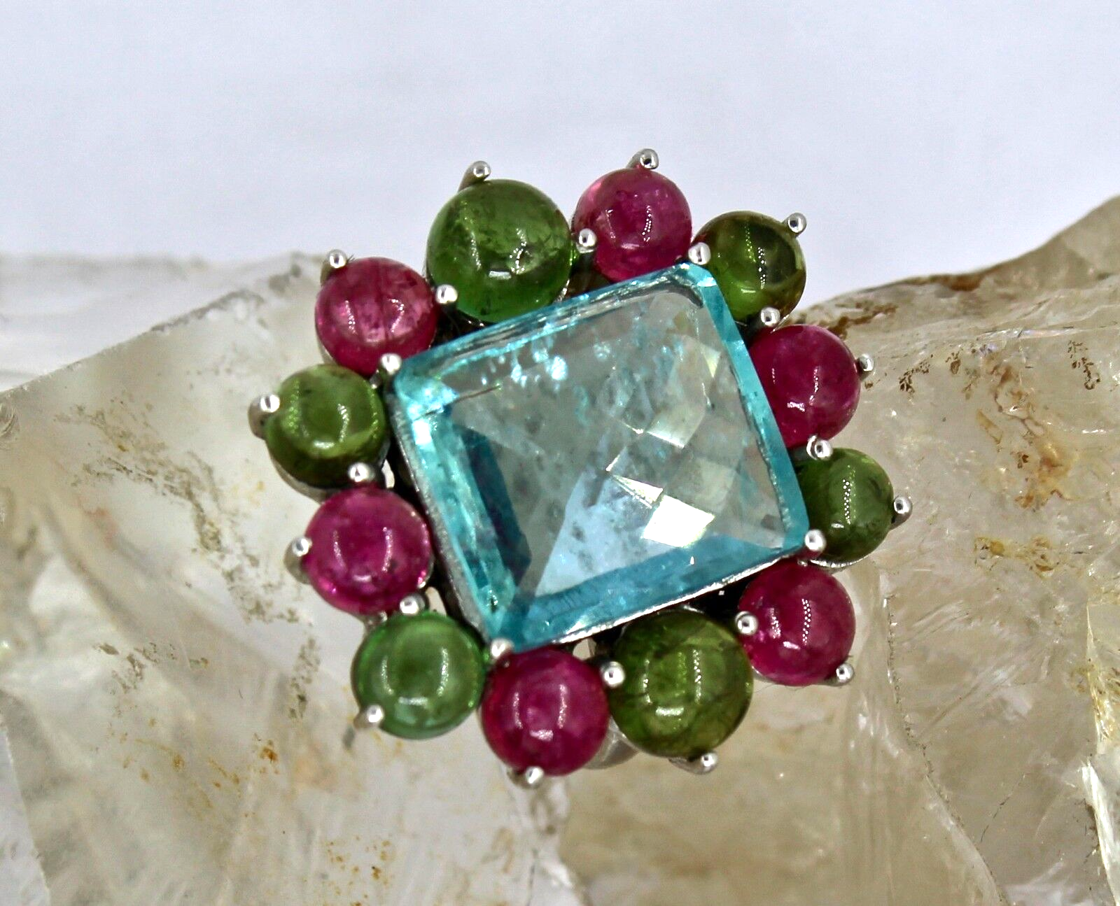 Certified Natural Blue Aquamarine 48ct Square Tourmaline Sterling Silver Ring