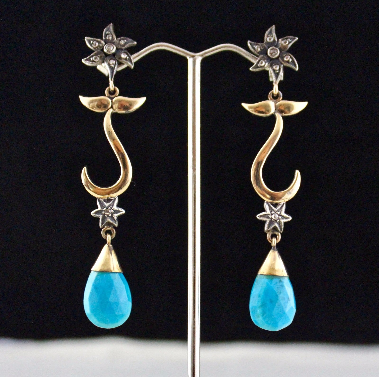 Victorian 18k Yellow Gold Silver Blue Turquoise 10ct Natural Diamond Earrings