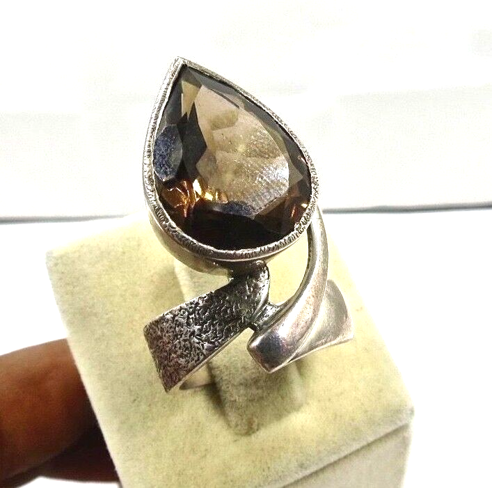 Natural Smokey Quartz Pear Cut Gemstone Sterling Silver Antique Handmade Ring