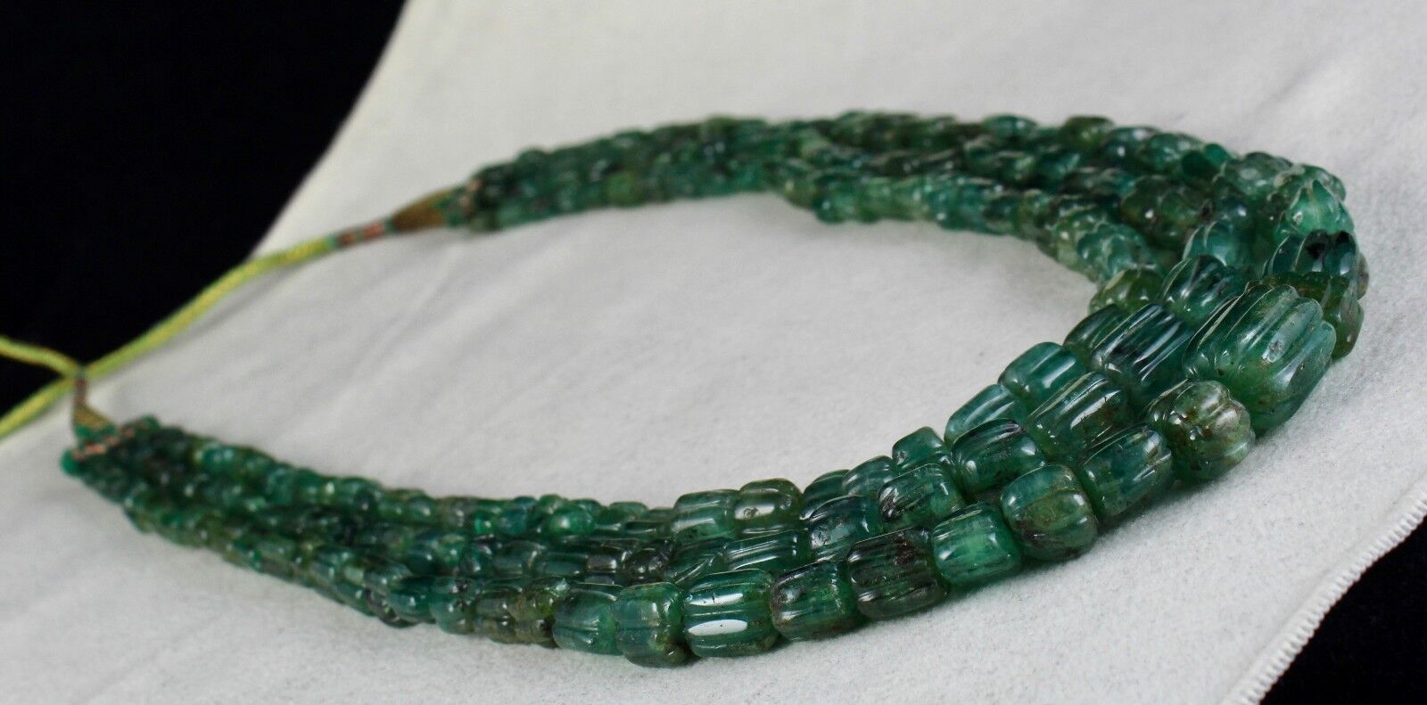 Antique Natural Emerald Beaded Necklace 3 Line 746 Carats Carved Drill Gemstone 