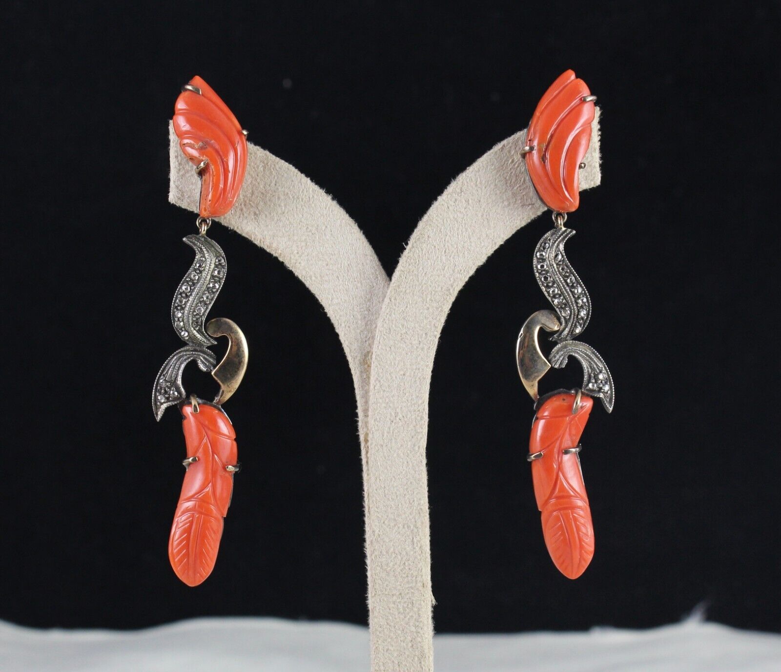 ESTATE NATURAL RED CORAL CARVED DIAMOND 18K GOLD  925 SILVER VICTORIAN EARRING