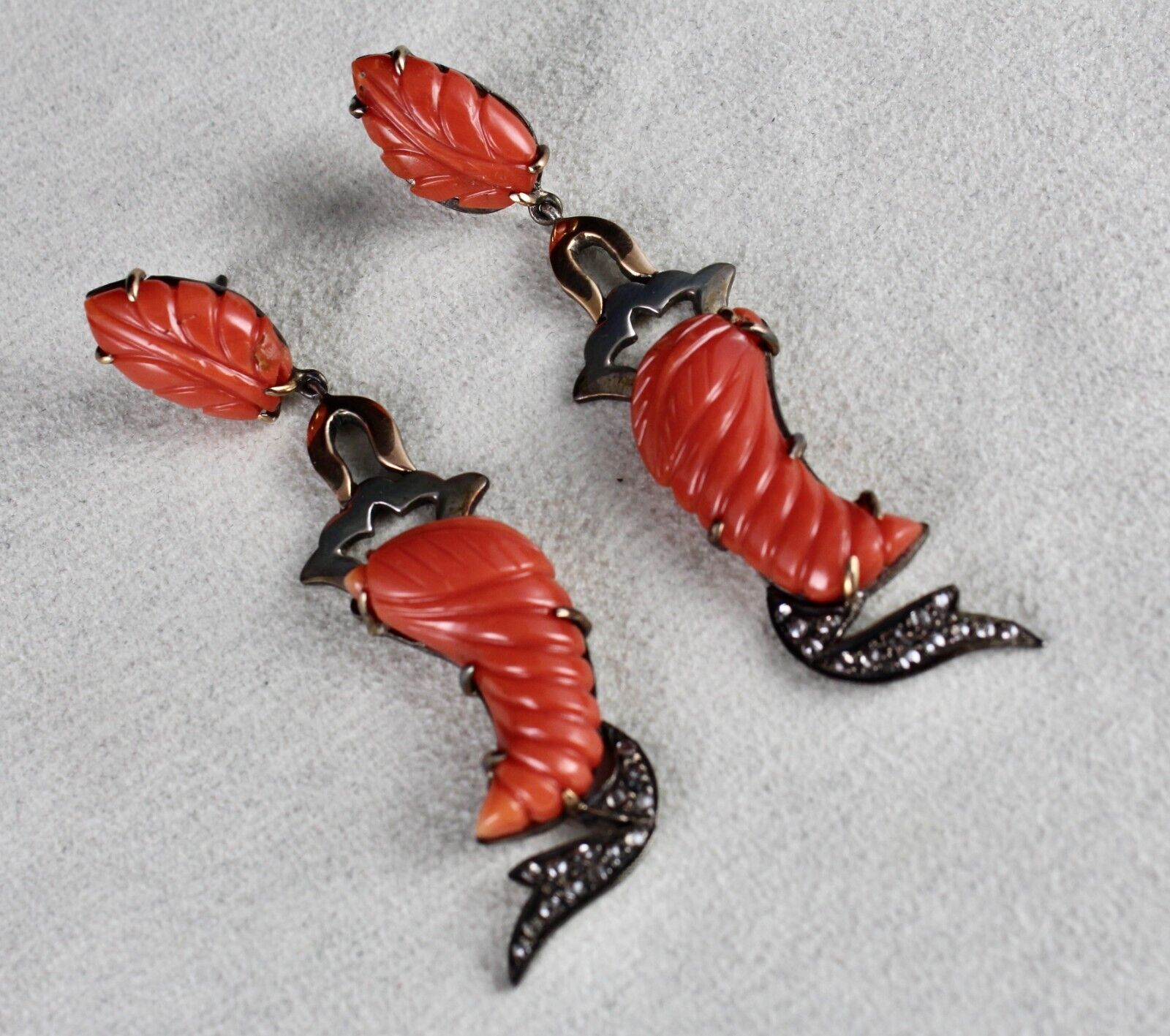 Estate Natural Red Coral Carved Diamond 18K Gold Silver Dangle Victorian Earring