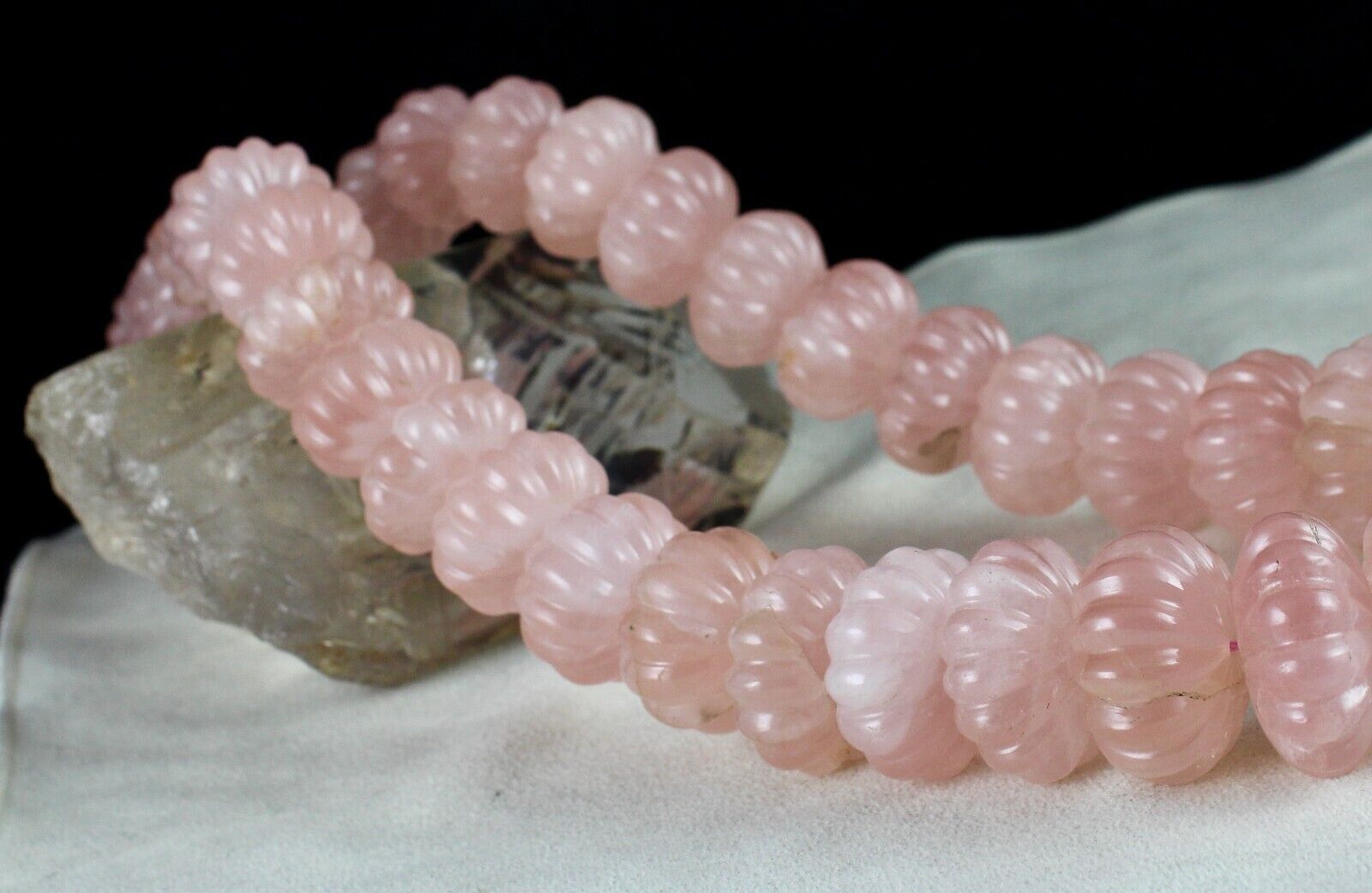 Vintage Natural Rose Quartz Melon Carved Beads 2406 Ct Gemstone Silver Necklace