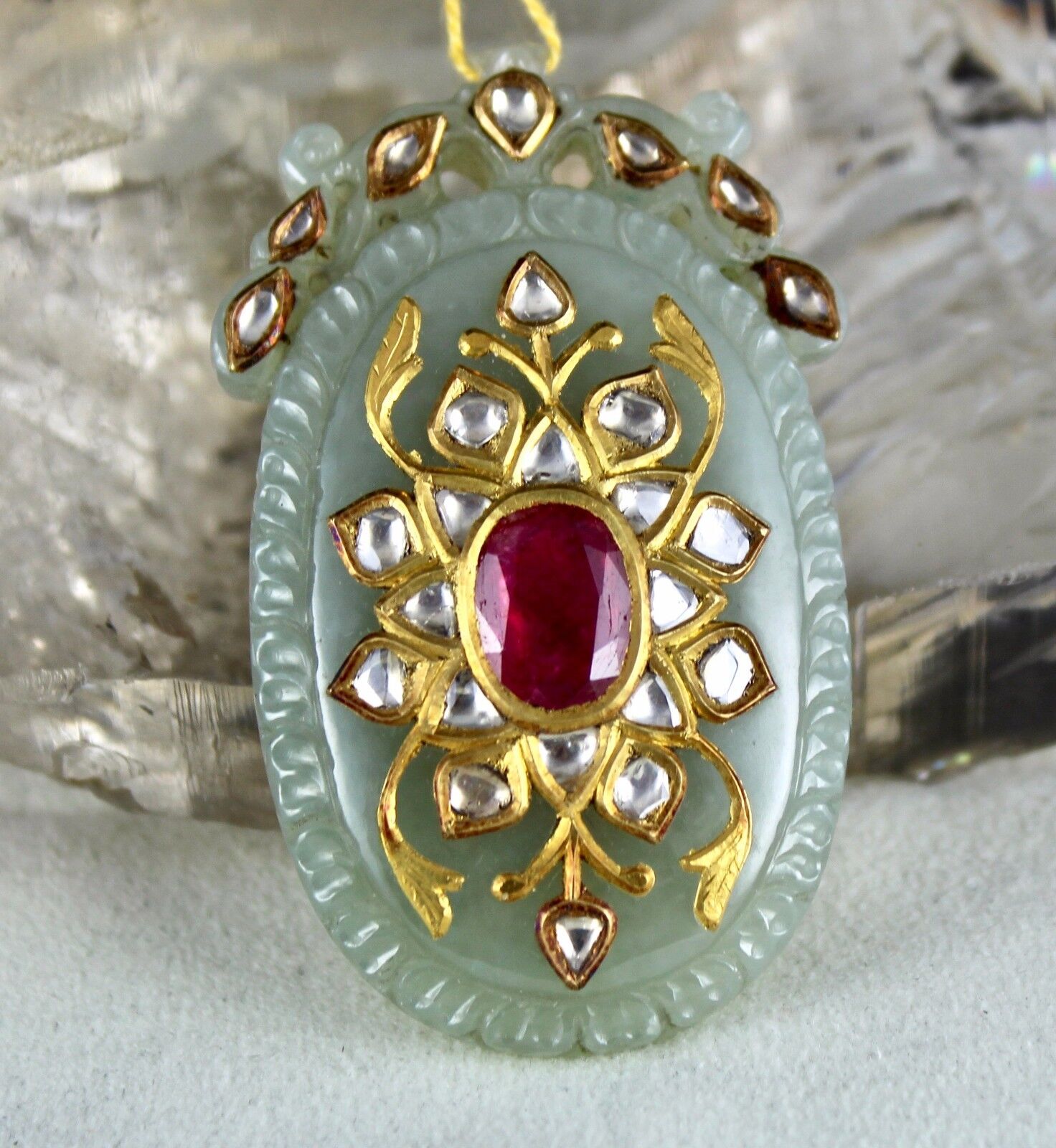 ANTIQUE GREEN JADE TAKTI PENDANT STUDDED WITH DIAMOND & RUBY IN 22K YELLOW GOLD