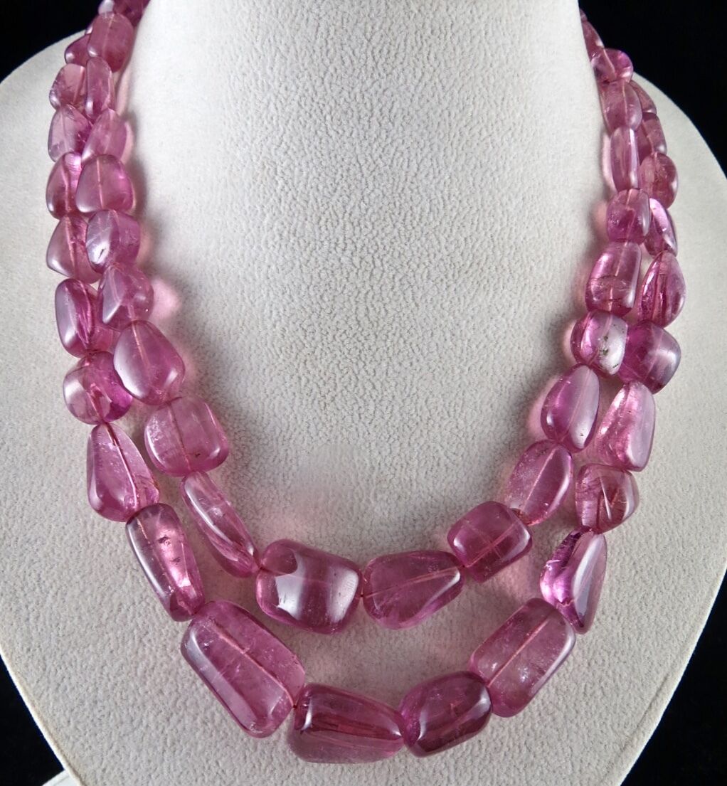 GTL CERTIFIED NATURAL PINK TOURMALINE RUBELLITE BEADS TUMBLE 2L 908 CTS NECKLACE