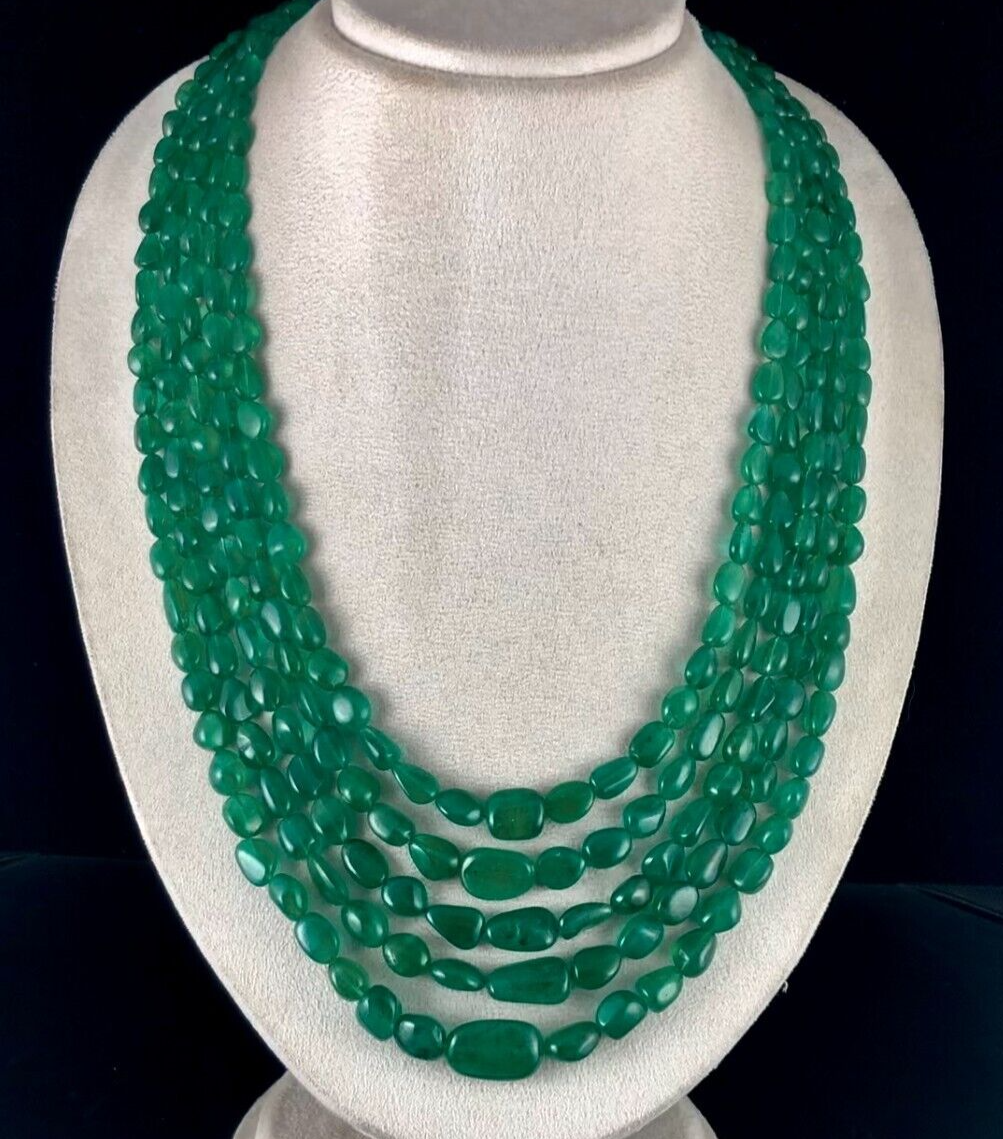 Natural Zambian Emerald Necklace 1018 Carats 5L Cabochon Beads Certified Luxury