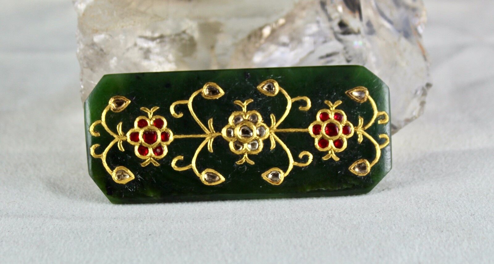 OLD NAURAL NEPHRITE JADE PENDANT STUDDED WITH DIAMOND & COLOR STONE IN 22K GOLD