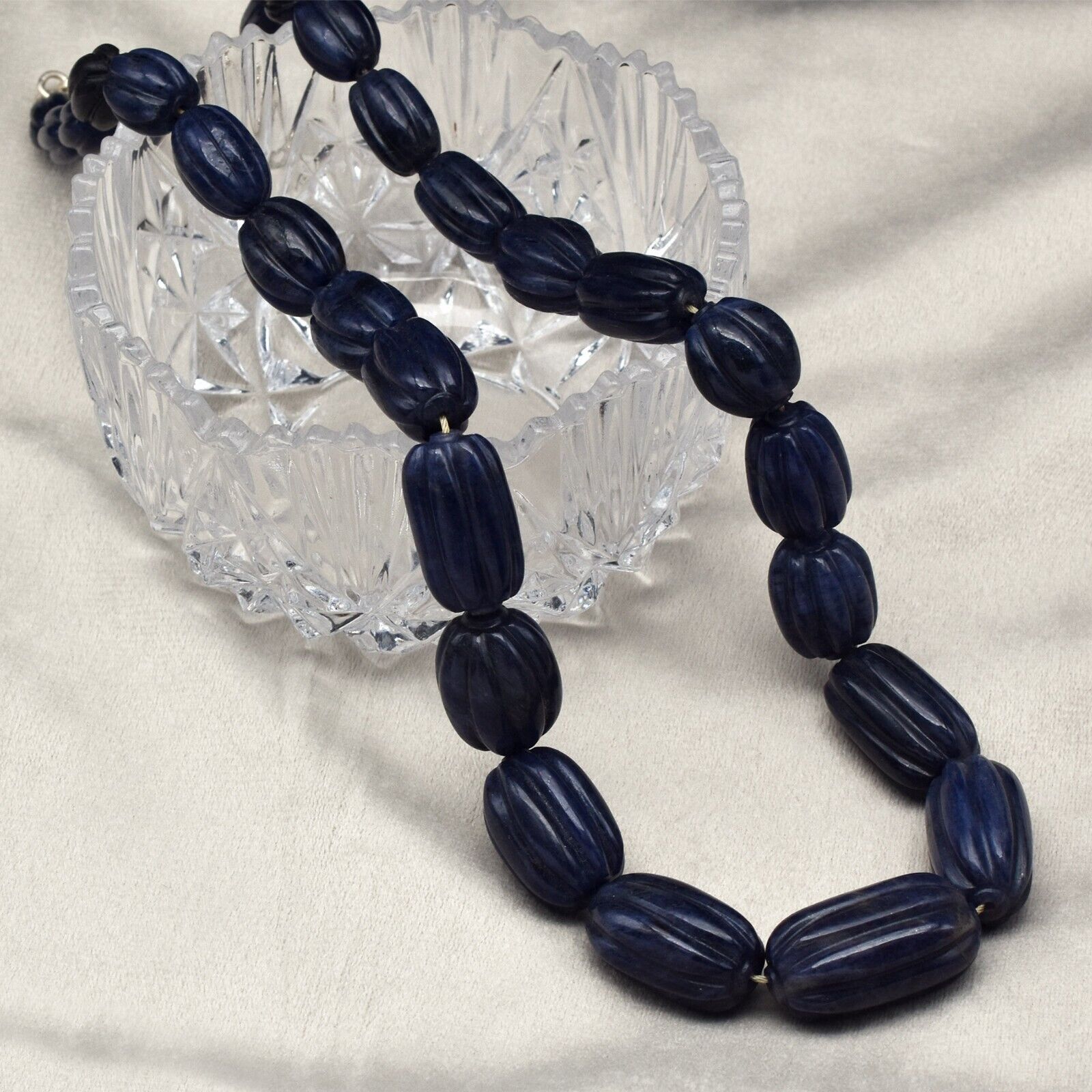 Vintage Necklace Natural Beads Blue Jade Carved long Gemstone 861 Ct Silver Hook