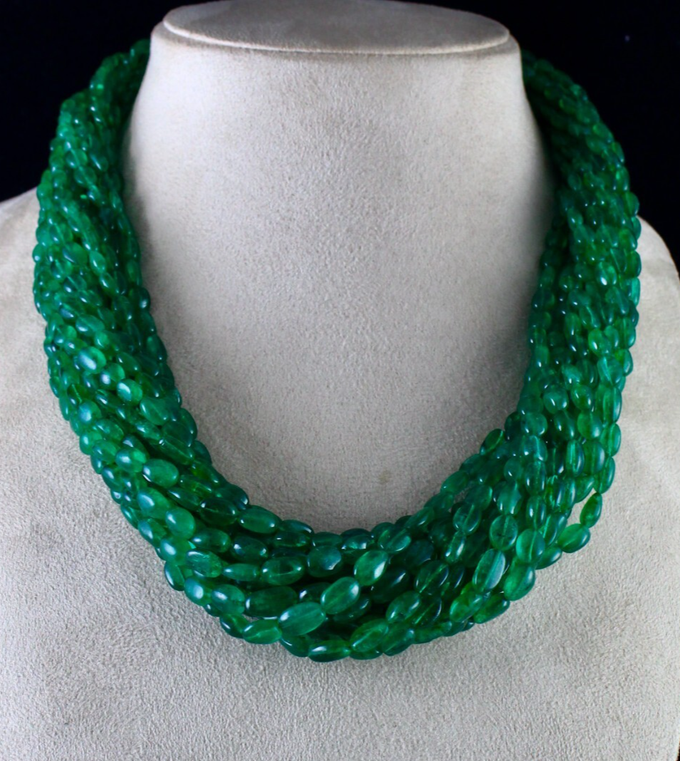 Certified Natural Emerald 1192 Ct Long Beads Gold Cocktail Necklace