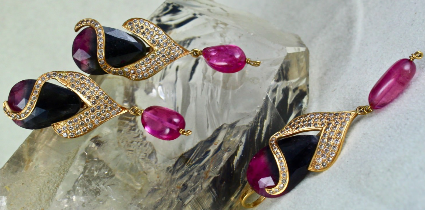 Certified Multi-colour Tourmaline 119ct Natural Diamond 18k Gold Jewelry Set