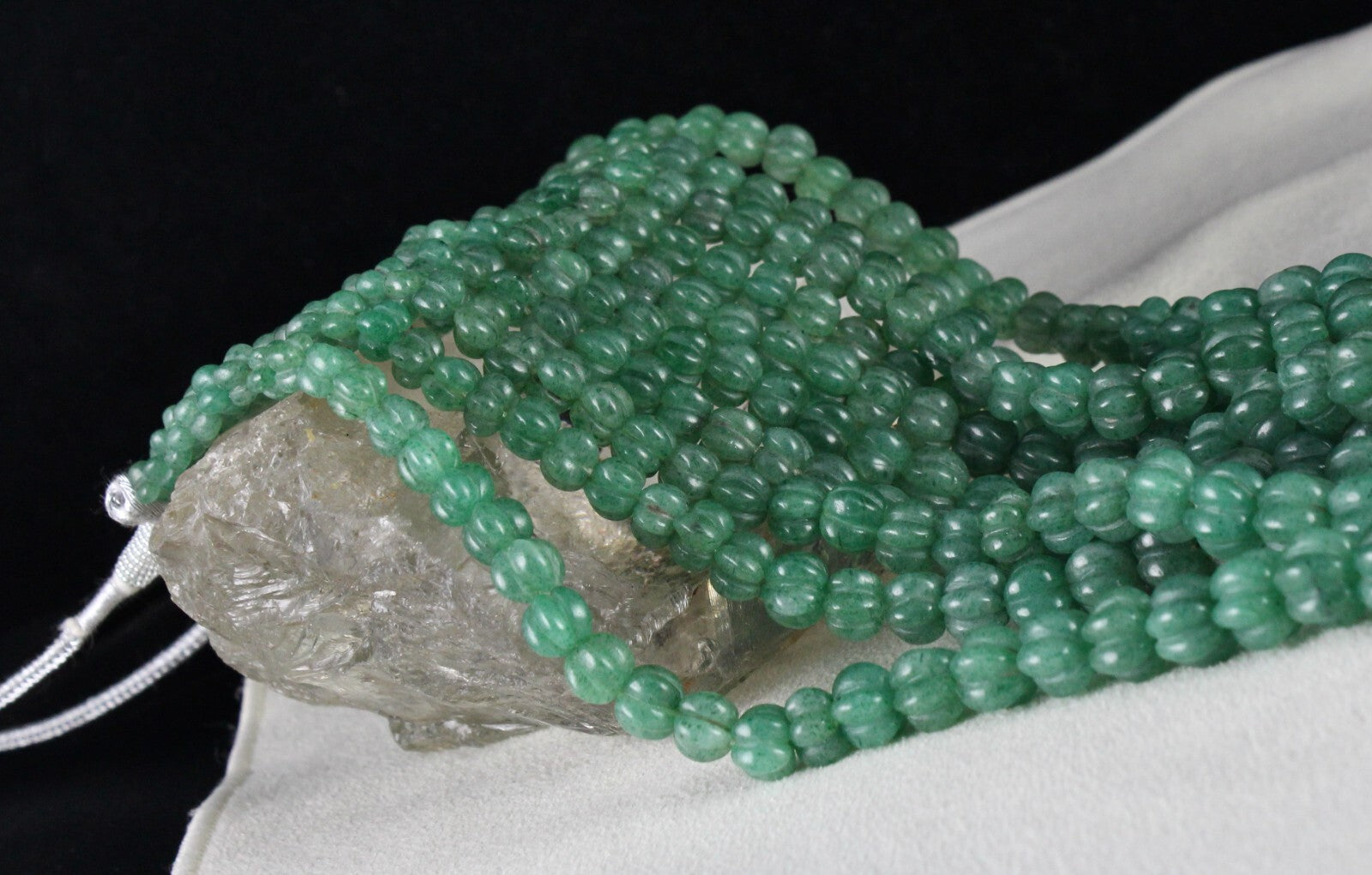 Natural Green Quartz Melon Beaded Necklace 1153 Ct 5 Line Old Carved Gemstone