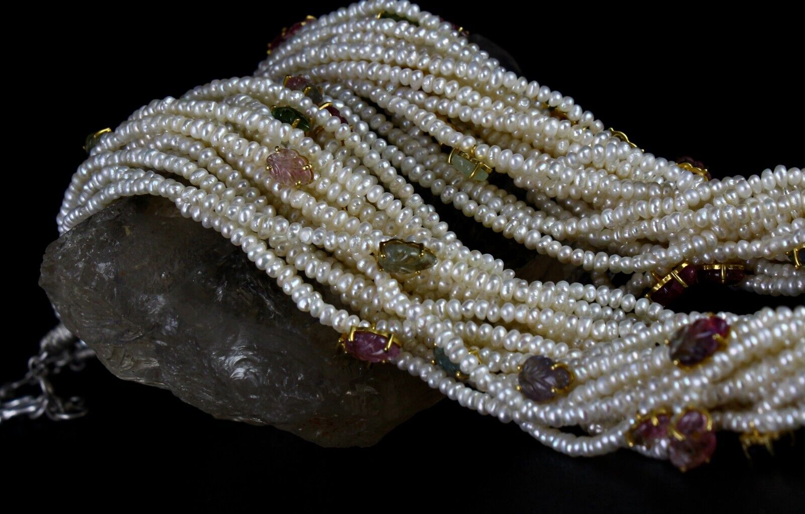 Unique Pearl Bead Natural Tourmaline Carved Leaf 972 Ct Silver Designer Necklace