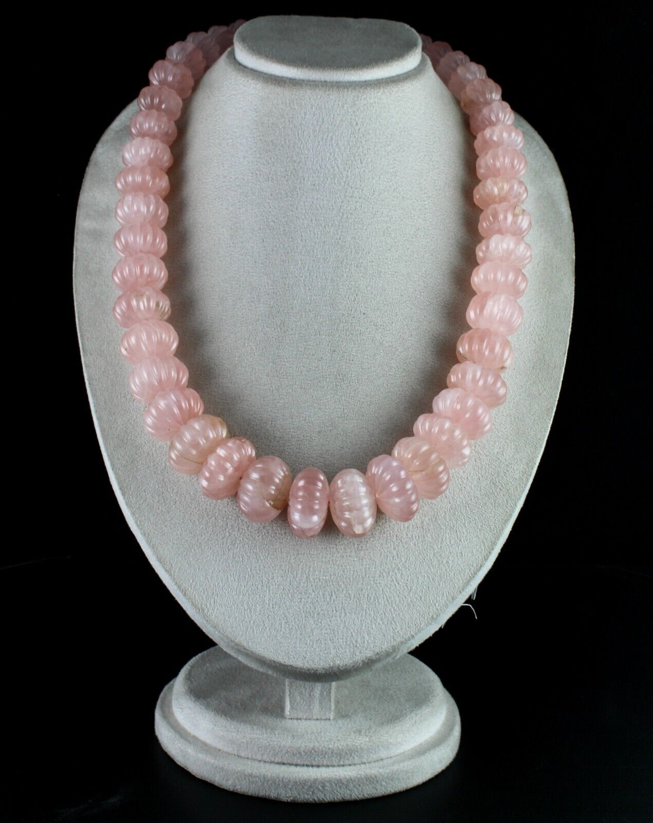 Vintage Natural Rose Quartz Melon Carved Beads 2406 Ct Gemstone Silver Necklace