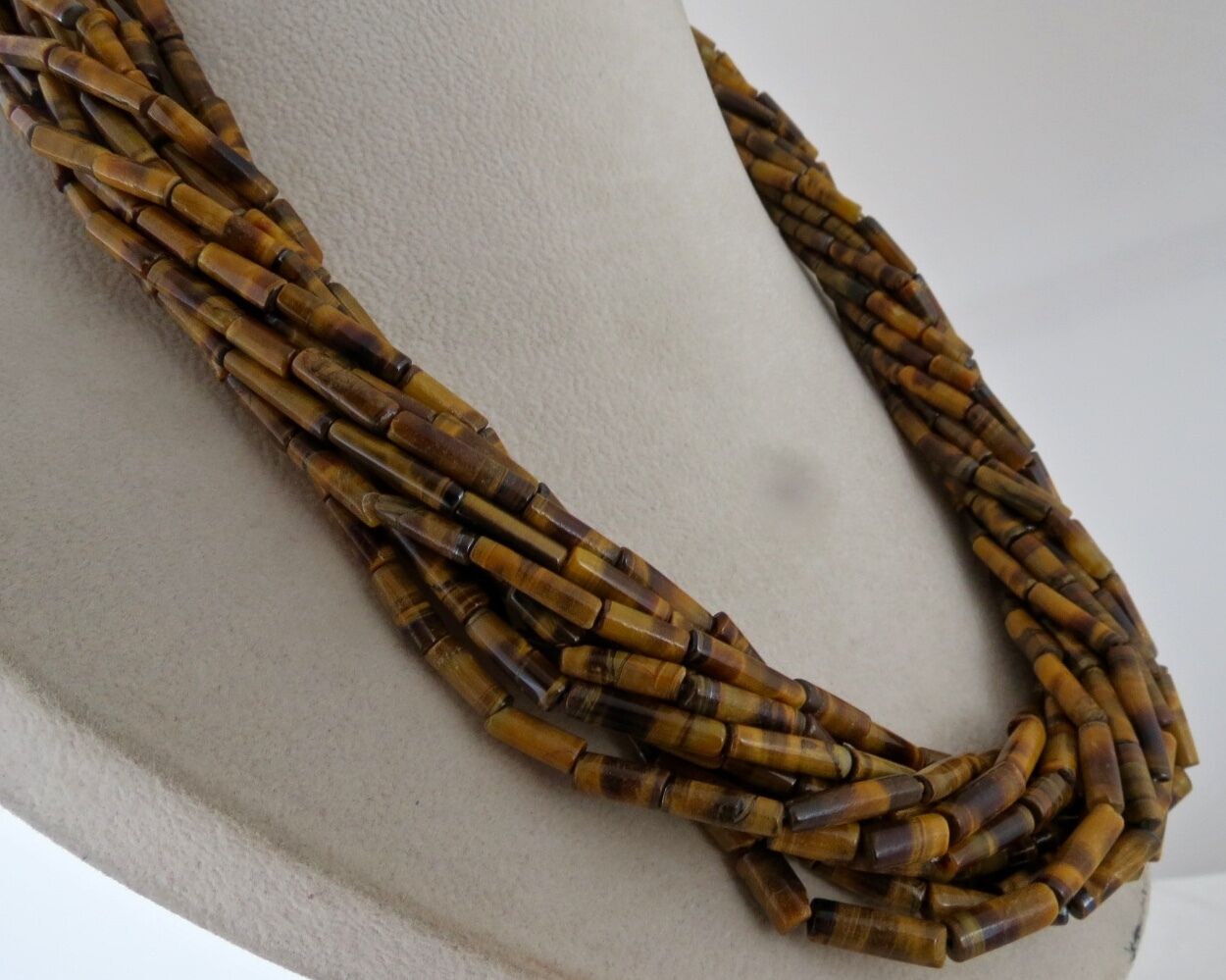 22" NATURAL TIGER'S EYE TUBE SHAPED BEADS 12 LINE 918 CARATS GEMSTONE NECKLACE