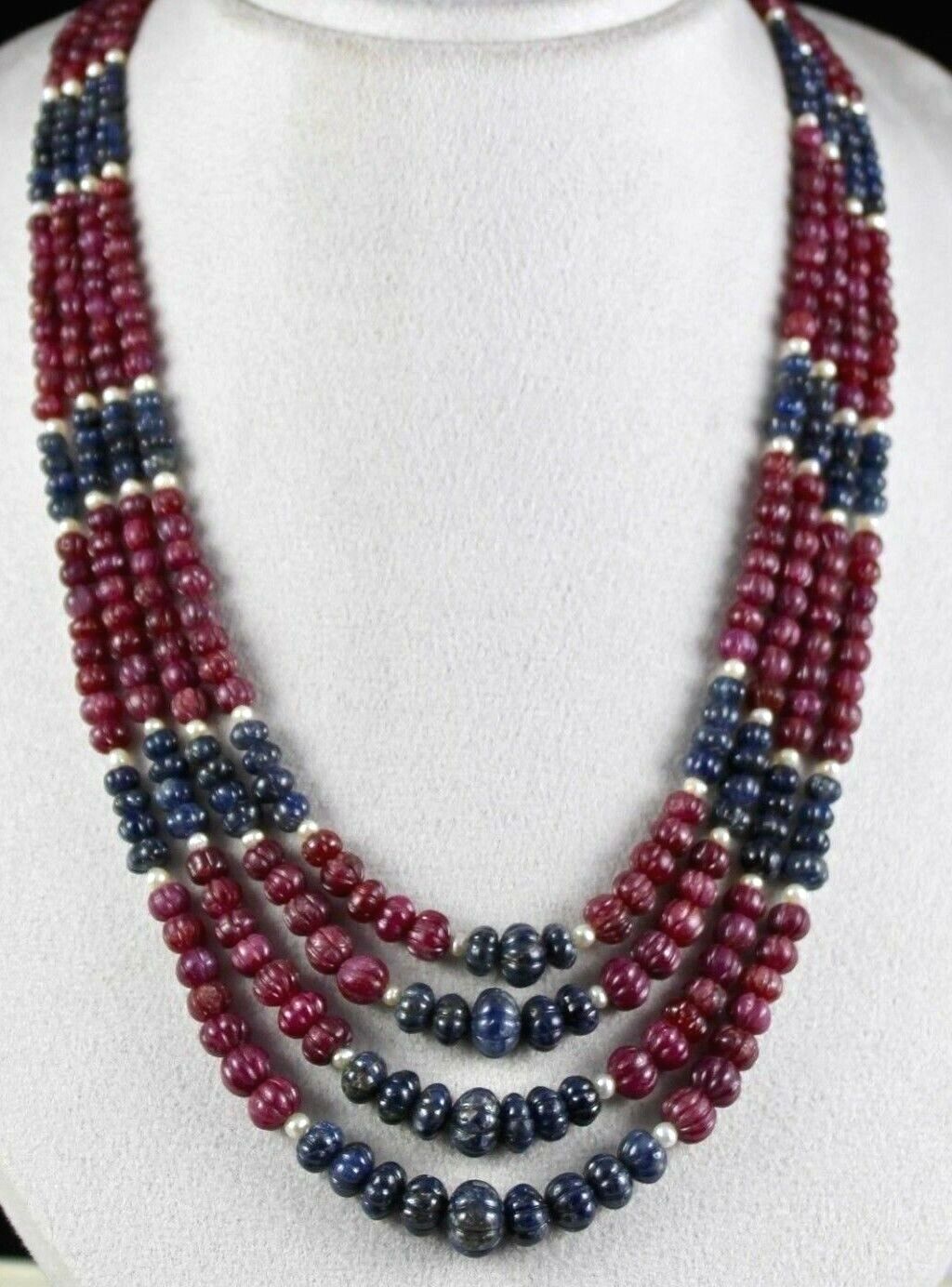 Natural Blue Sapphire Ruby Beads Carved Melon 755 Carats Gemstone Pearl Necklace