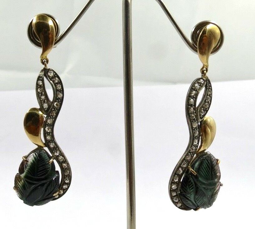 MULTI COLOR TOURMALINE CARVED LEAVES 18K GOLD DIAMOND SILVER VICTORIAN EARRING