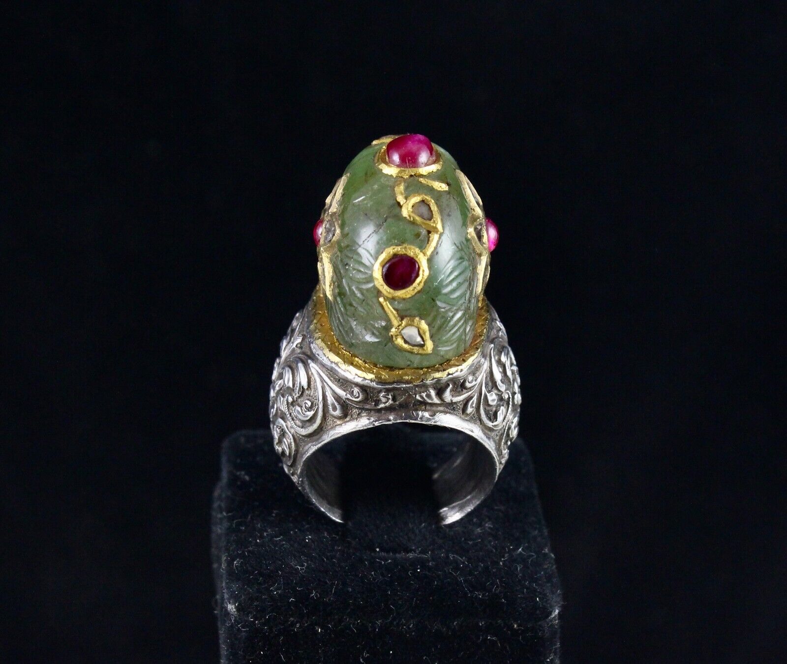 ANTIQUE COLOMBIAN EMERALD CARVED RUBY DIAMOND GOLD JADAU LADIES 925 SILVER RING