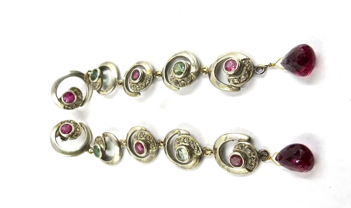 Victorian Multi Colour Tourmaline 10ct Natural Diamond Sterling Silver Earrings