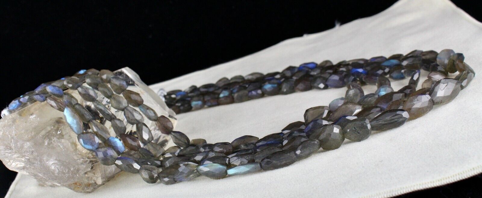 NATURAL BLACK LABRADORITE BEADS FACETED NUGGETS 5 LINE 993 CTS GEMSTONE NECKLACE