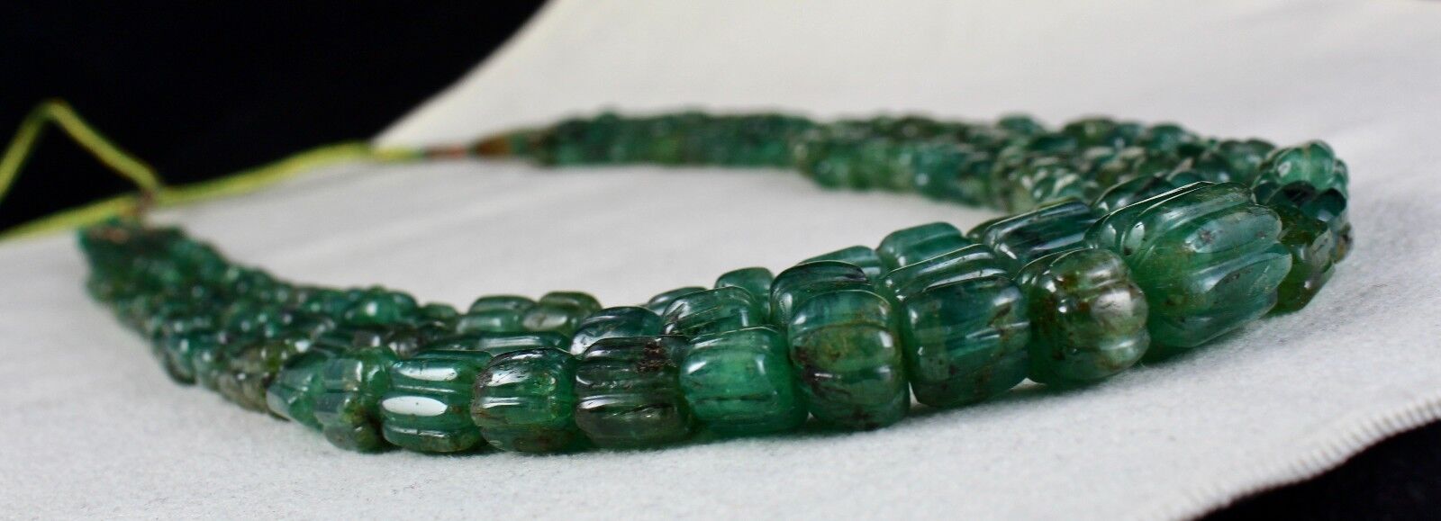 Antique Natural Emerald Beaded Necklace 3 Line 746 Carats Carved Drill Gemstone 