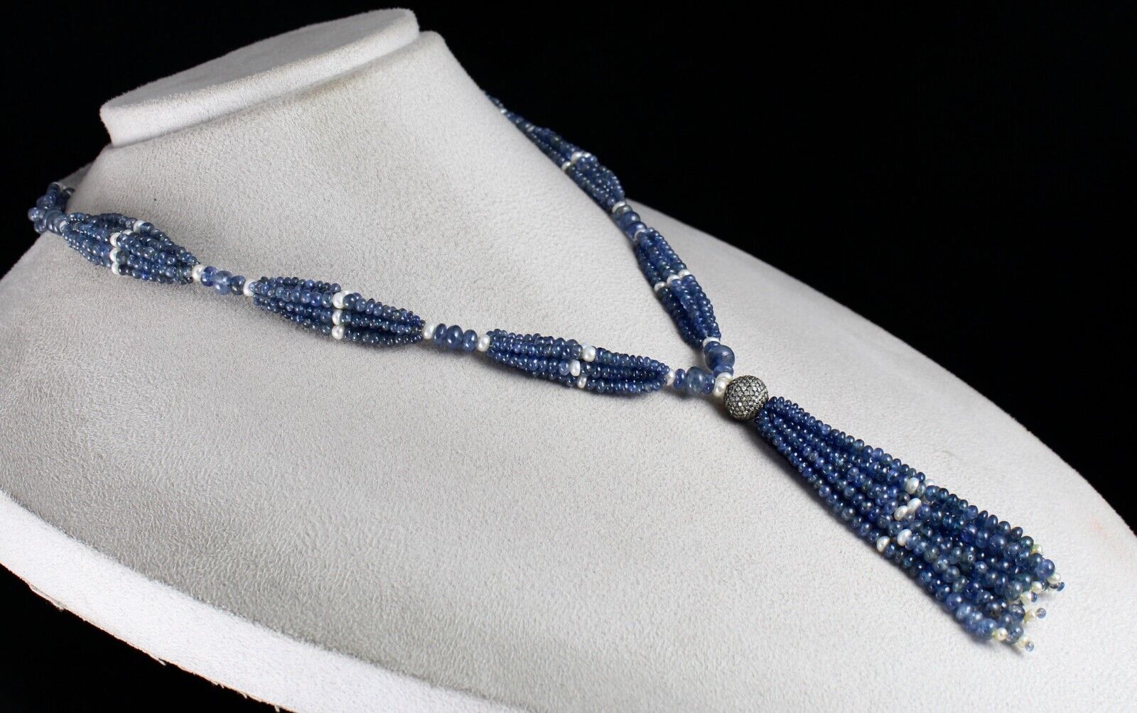 NATURAL BLUE SAPPHIRE PEARL ROUND BEADS DIAMOND 398 CTS SILVER DESIGNER NECKLACE