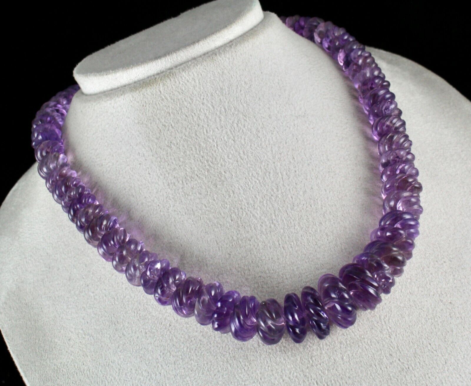 Natural Amethyst Beads Carved Round 703 Ct Gemstone Silver Vintage Necklace